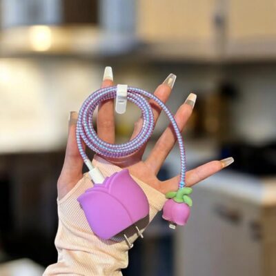 پک 4تایی محافظ شارژر و کابل طرح گل رز بنفش