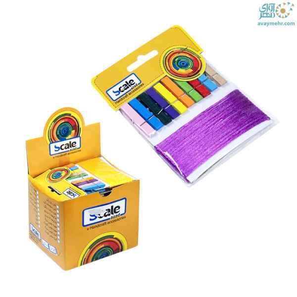 بند آویز عکس+5 عدد گیره چوبی رنگی اسکیل (20 بسته ای)